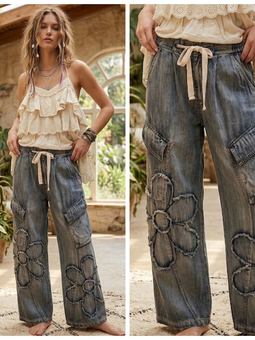 Boho Floral Appliqué Distressed Denim Cargo Pants